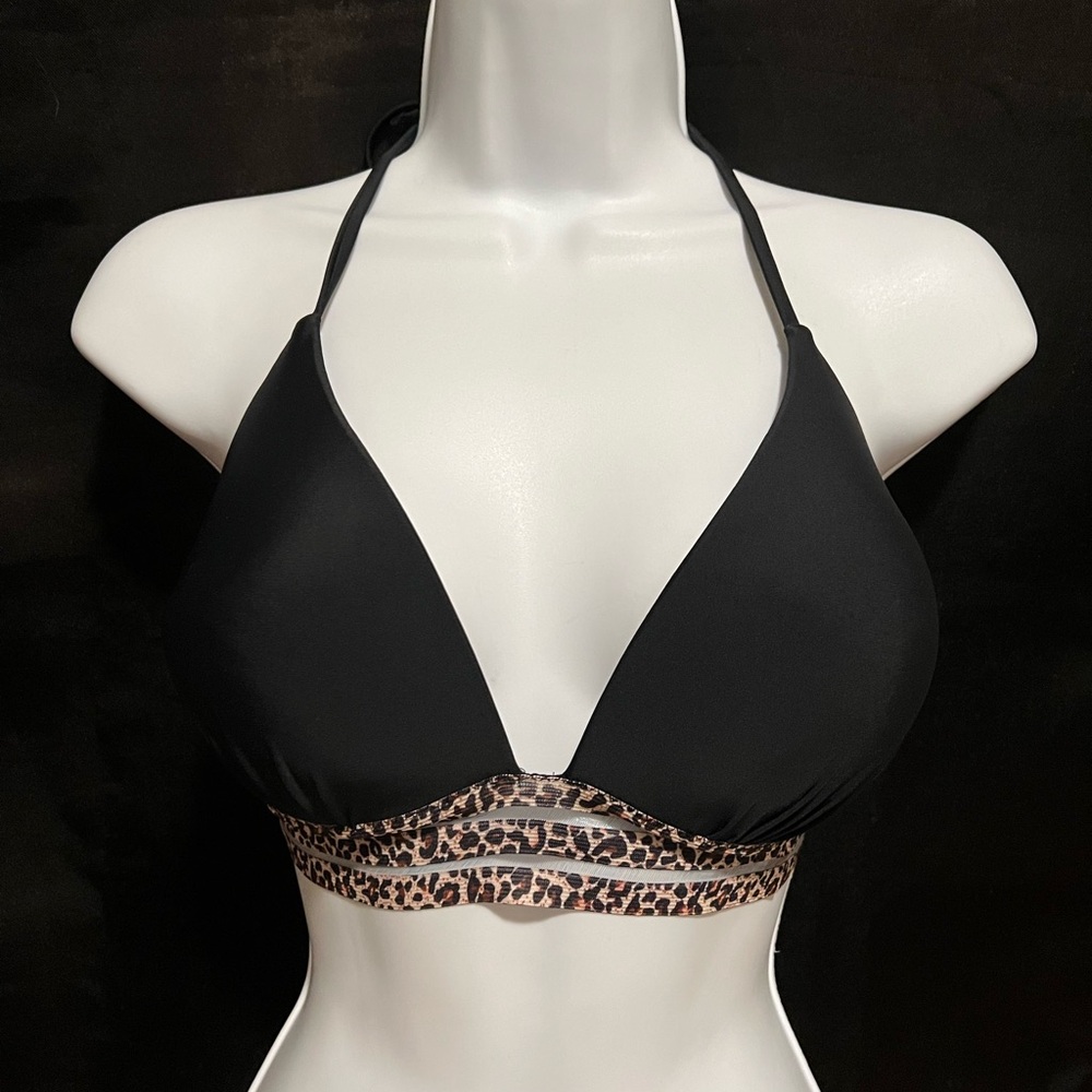 SHEIN Black Triangle Bikini Top with Leopard Band